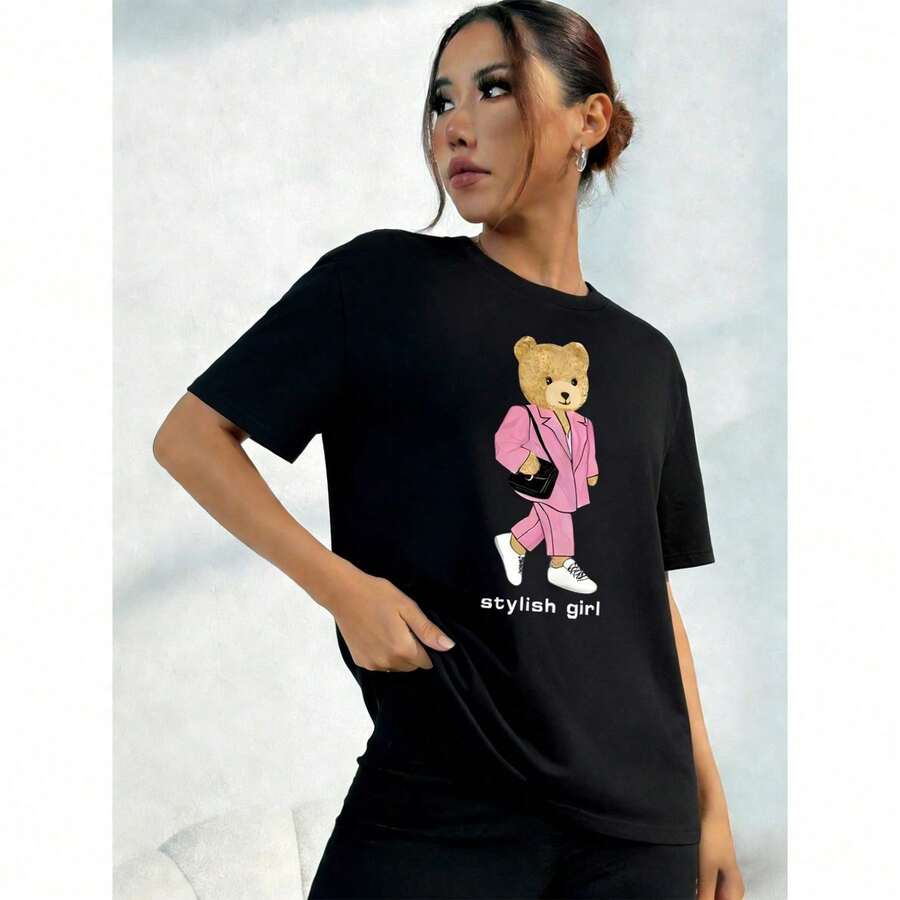 Camiseta con Letras Impresas Y Osos - [Negro] - Ver 1