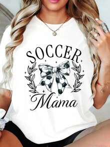 ropa de mujer ropa de mujer Camiseta de mujer Soccer Mama con estampado de lazo y laurel, corte casual, manga corta, cuello redondo, transpirable, camiseta de verano con puños y dobladillo acanalados, ropa de verano, ropa de mujer, camisetas gráficas para mujer, conjuntos de verano para mujer, conjuntos para festivales, conjuntos de vacaciones para mujer, artículos esenciales de viaje para mujer, camisas de mujer - Blanco - Ver 3