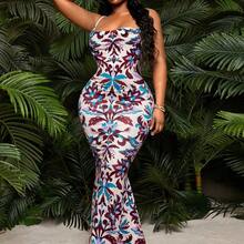 Floral Print Bodycon Slip Dress With Matching Scarf (Plus Size) Leopard Print Maxi Dress All-Over Print Maxi Dress Long Dress Date Night Dress Vacation Dress Sexy Dress, Suitable For Night, Date, Party, Ball, Club, Cocktail, Evening, Banquet, Concert, Island Resort, Beach, Holiday - Negro - Ver 6
