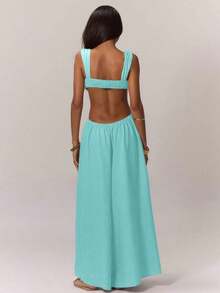 Mono de Pierna Ancha Extrema con Copas Drapeadas en el Frente, Laterales Recortados, Espalda Abierta, Estilo Boho Western para Vacaciones de Primavera Verano, Ropa de Playa Elegante, Ideal para Vacaciones en Ibiza, Invitada de Boda, Noche de Citas, Sexy, Bohemio, Verde, Primavera Verano, Fiesta de Boda, Casual - Azul - Ver 2