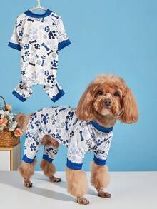 PETSIN 1pc Cute Cartoon Dog Pajamas, Soft Printed Pet Pajamas, Anti-Shedding Medium Elasticity Pajamas, Suitable For Small And Medium Dogs - Blue - View 7