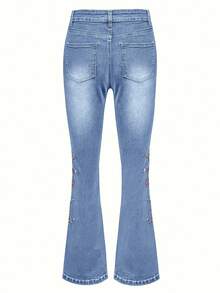 Ladies' Elegant Combination Denim Bell Bottom Pants, Decorated With Floral Embroidery, Suitable For All Seasons, Suitable For Daily Outings, Back To School Season, Rural Concerts - Light Blue - View 5