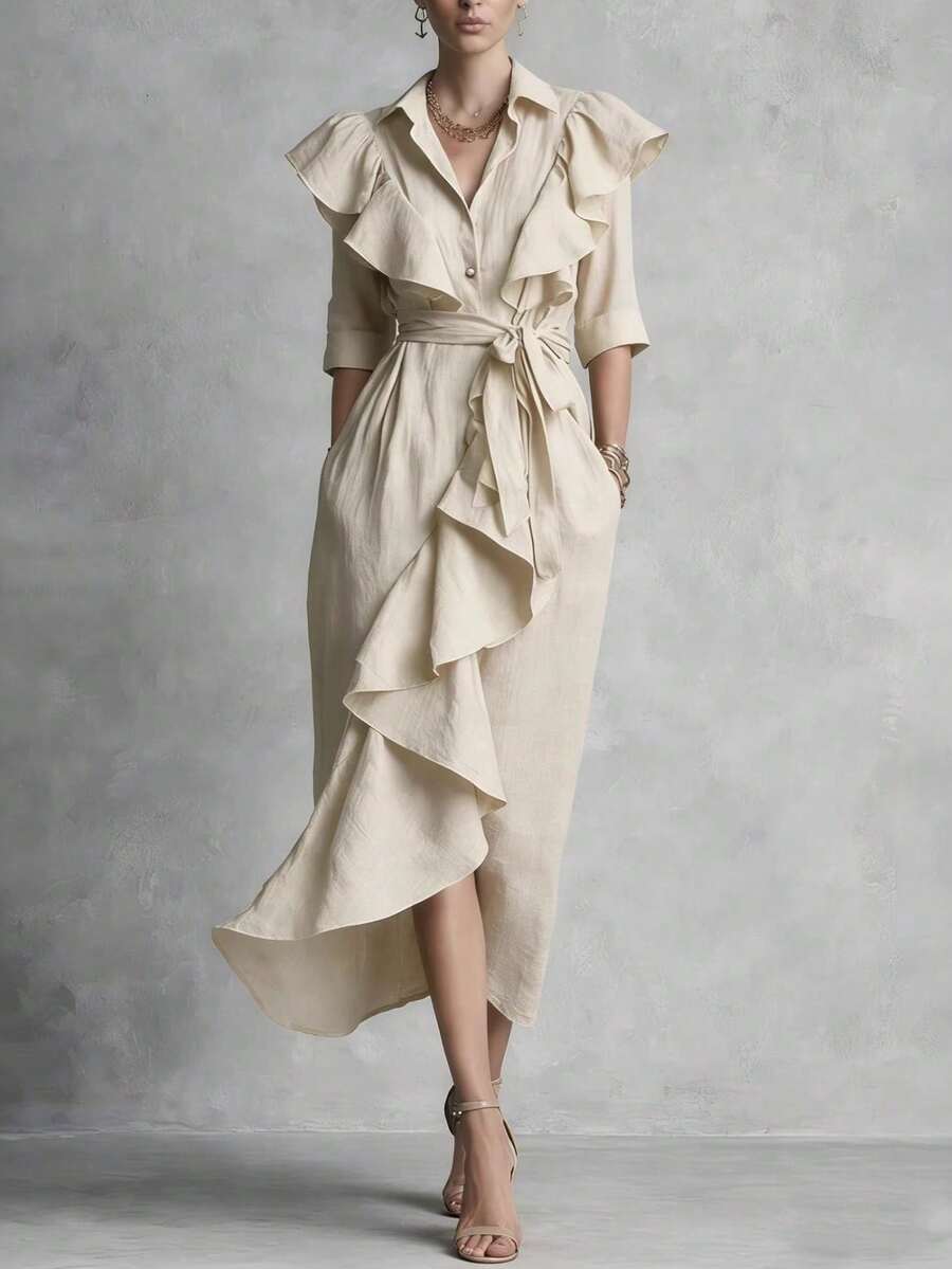Vestido largo por debajo de la rodilla con cordón, corte holgado favorecedor, botonadura sencilla y volantes, nueva colección primavera-verano 2026 - Albaricoque - Ver 1