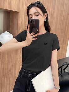 Y2K Style, Modern Style, The Newest Of 2026, Cute Style, Casual Style. Women's Loose-Fitting Casual Summer T-Shirt With Embroidered Heart And Letter Pattern, Red, 180g (S-XXXL) - 深灰色 - 查看 2