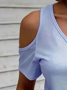 Camiseta de manga corta casual con cuello de corazón y hombros descubiertos, con estampado total de encaje floral 3D, adecuada para primavera/verano, viajes y salidas - Azul - Ver 3