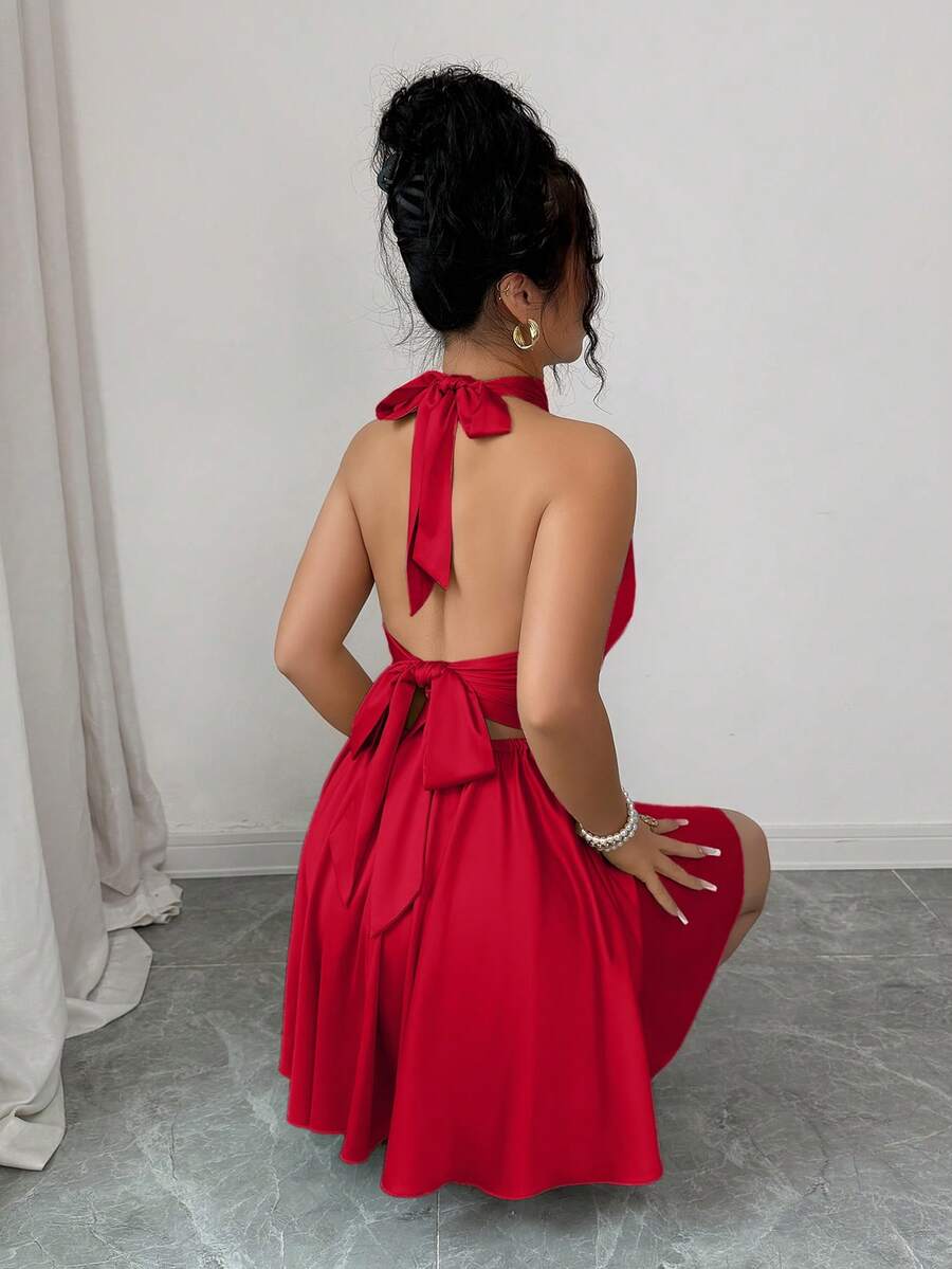 abyoxi 女士红色优雅性感缎面系带露背迷你连衣裙,适合日常外出、正式晚宴、约会、派对、婚礼、度假,春夏短款派对连衣裙 - 紅色 - 查看 1