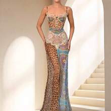 Strapless Summer Chiffon Sleeveless Sexy Printed Color-Blocked New Style Dress - Coffee Brown - View 8