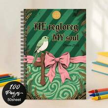 1 pieza Cuaderno de espiral, con diseño de pájaros verdes y blancos sobre fondo marrón con cruz, decorado con cinta rosa y hojas doradas, regalo ideal para hombres y mujeres, apto para uso escolar y de oficina - D - Ver 2