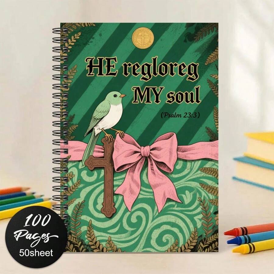 1 pieza Cuaderno de espiral, con diseño de pájaros verdes y blancos sobre fondo marrón con cruz, decorado con cinta rosa y hojas doradas, regalo ideal para hombres y mujeres, apto para uso escolar y de oficina