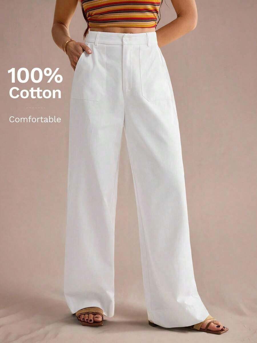 Tall Pantalones anchos de cintura alta con bolsillos, pantalones casuales de mujer 100% algodón blancos - Blanco - Ver 1