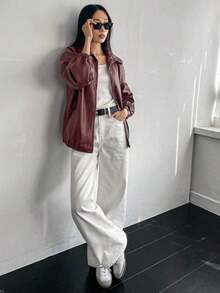 -Less Chaqueta de piel sintética minimalista con cremallera frontal de manga larga y unicolor, para uso casual, ropa de otoño, estilo casual de negocios para mujer - Burdeos - Ver 2