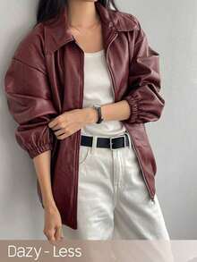 -Less Chaqueta de piel sintética minimalista con cremallera frontal de manga larga y unicolor, para uso casual, ropa de otoño, estilo casual de negocios para mujer - Burdeos - Ver 3