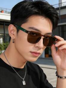 1pc New Fashion Square Double-Frame Retro Personalized Ocean Lens Tortoiseshell Fashion Glasses, Suitable For Daily Wear, Fashionable And Versatile, Suitable For Autumn/Winter Outfits, Beach Accessories, Retro Y2K All-Match Glasses, Business And Casual Gifts - Green Tea - View 4