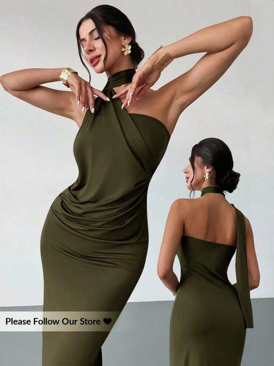 Vestido suelto con mangas acampanadas asimétricas de color marrón moca para mujer, vestido largo de moda, ropa de primavera/verano, adecuado para ir al trabajo, elegante, sexy, vacaciones, playa, estilo bohemio, Hawái, festivales de música, fiestas, atuendo de trabajo - Verde militar - Ver 1