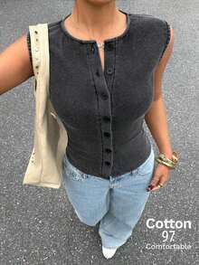 Blusa sin mangas casual con textura de un solo color y botones delanteros - Negro - Ver 1