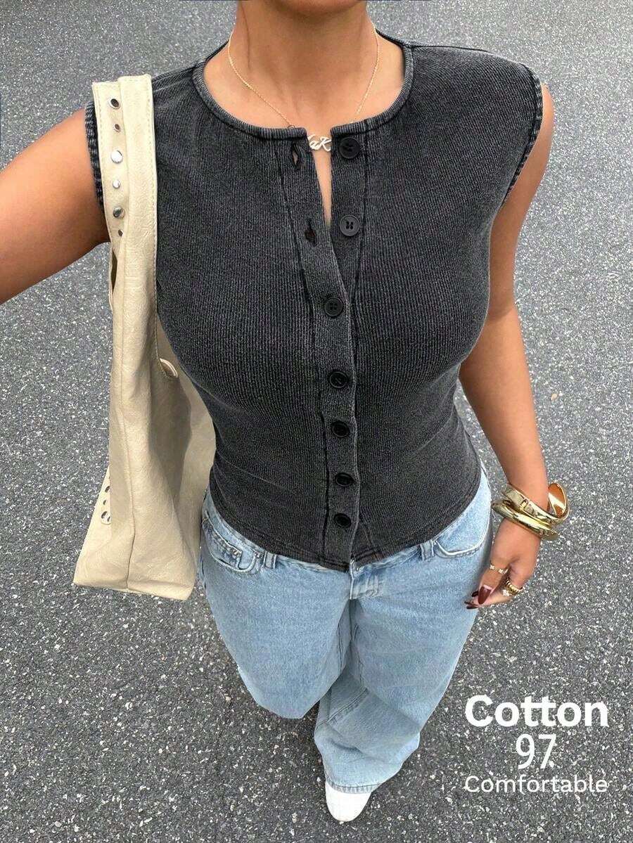 Blusa sin mangas casual con textura de un solo color y botones delanteros - Negro - Ver 1