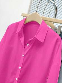Camisa casual de mujer de un solo pecho de manga larga con hombros caídos y unicolor - Rosa Fucsia - Ver 3