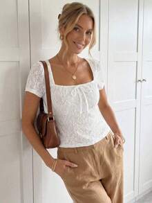 Camiseta casual de mujer de manga corta con cuello redondo, textura de jacquard de unicolor y decoración de lazo, primavera/verano - Blanco 3 - Ver 2