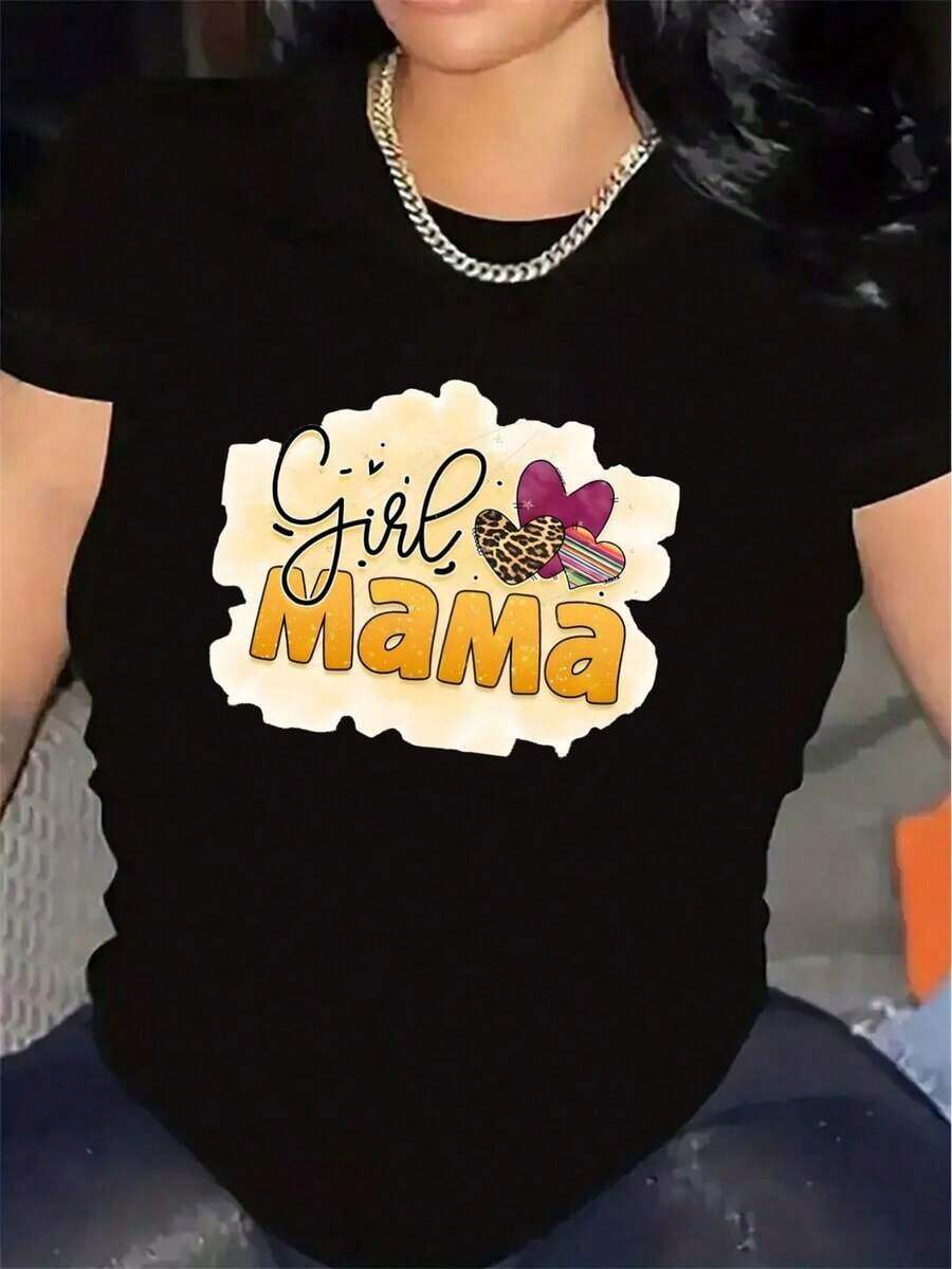 Women's Black "Mama" T-Shirt - African-Inspired Dashiki Print With The Letter "Mama", Polyester Short Sleeve Top, Comfortable Casual Wear For Mothers And Everyday Outfits, Cultural Pride Garment - 黑色 - 查看 1