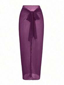 Conjunto de traje de baño de una pieza sin mangas de unicolor con falda pareo para mujer - Morado - Ver 4