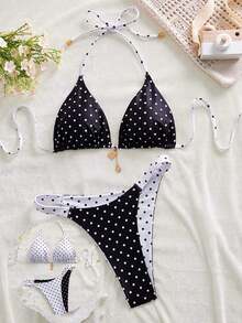 Conjunto de bikini reversible con estampado de lunares en contraste, con escote halter y nudo en la espalda, de estilo dulce y sexy, para vacaciones en la playa - Blanco y Negro - Ver 6