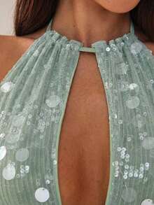 Nuevo camisol de tirantes finos con espalda descubierta y lentejuelas rosas para mujer, elegante y sexy, ideal para el Día de San Valentín, fiestas y viajes - Verde - Ver 7