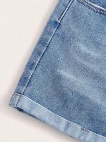 Shorts vaqueros de tiro alto enrollados para verano - Azul - Ver 4
