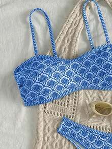 Set de 2 piezas Bikini bandeau con estampado floral rosa para mujer, con tirantes desmontables adecuado para vacaciones en la isla y sesiones de fotos en la playa en verano - Multicolor 5 - Ver 4