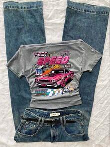 Camiseta corta de manga corta ajustada con hombros descubiertos, estampado retro de coche inglés y pliegues en la cintura, en color rosa, adecuada para el verano, el estilo callejero y el aeropuerto - Gris Claro - Ver 7