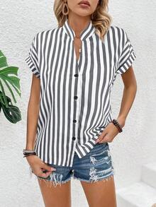 Blusa casual de verano de unicolor con botones delanteros y mangas cortas para uso diario - Negro - Ver 3