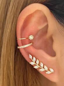 Bộ 3 khuyên tai kẹp hình lá | Khuyên tai đính đá Cubic Zirconia kiểu leo cho nữ, trang sức thanh lịch - Vàng - Xem 4