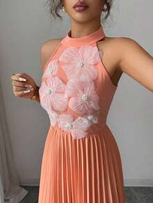 Vestido plisado elegante para mujer, estilo romántico para vacaciones - Naranja - Ver 6