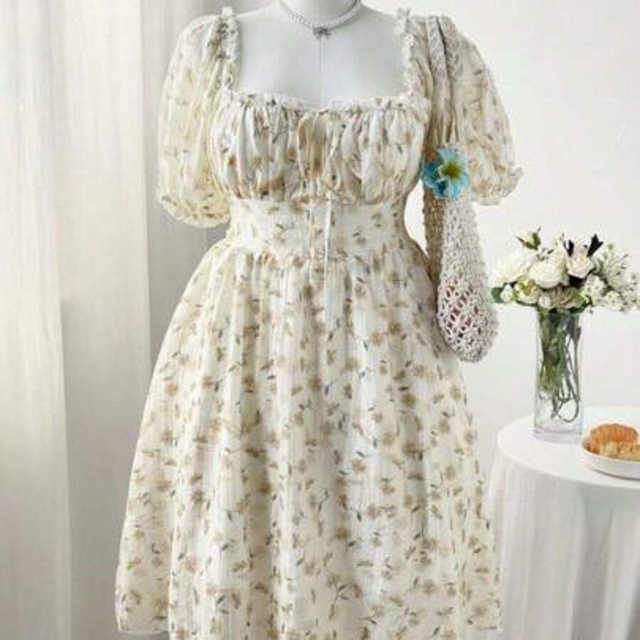Vestido atado a cuadros florales elegante de talla grande , primavera/verano - Albaricoque - Ver 1