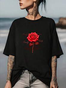 Family Love T-Shirt 180G - Perfect Gift For Summer Festivals, Company Outings, And Family Gatherings - Women's Casual T-Shirt With A  Rose Design - 黑色 - 查看 6