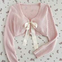 Women's Light Pink Cute Cardigan, Sexy Tie Front Casual Daily Commute Sun Protection Top, Elegant Vacation Stylish Sweater, Spring Summer - Rosa Pálido - Ver 1