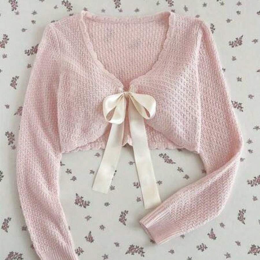Women's Light Pink Cute Cardigan, Sexy Tie Front Casual Daily Commute Sun Protection Top, Elegant Vacation Stylish Sweater, Spring Summer - Rosa Pálido - Ver 1