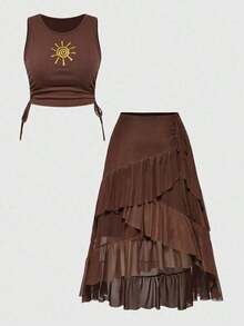 Country Spring/Summer Women's Hippie Vintage Music Festival Embroidered Sunflower Tank Top & Asymmetrical Hem Ruffle Hem Skirt 2 Pieces Set - 棕色 - 查看 10