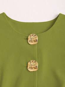 Tall Top sin mangas con botones metálicos básicos de estilo minimalista francés para mujeres altas - Verde - Ver 4