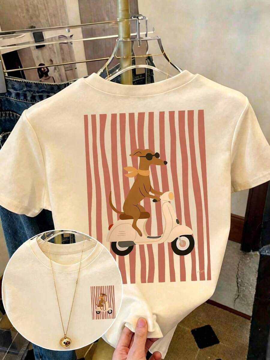 Niche Design Resyla Women's Loose Fit Short Sleeve White T-Shirt, Floral White And Blue, Summer, Casual, City Break, Retro Preppy Style With Red And Blue Stripes And Co Print - 杏色 - 查看 1