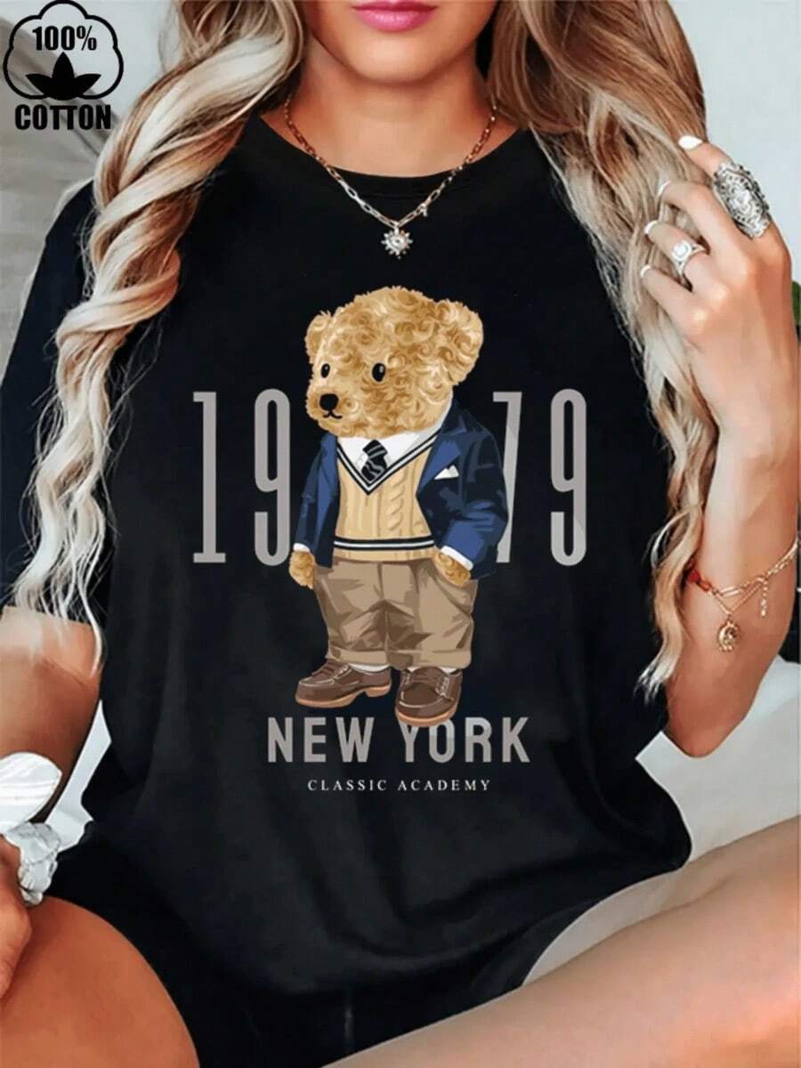 AINO 1 Women's 100% Cotton T-Shirt With New York Bear Print, 220g Thick Cotton, Halloween T-Shirt - 黑色 - 查看 1
