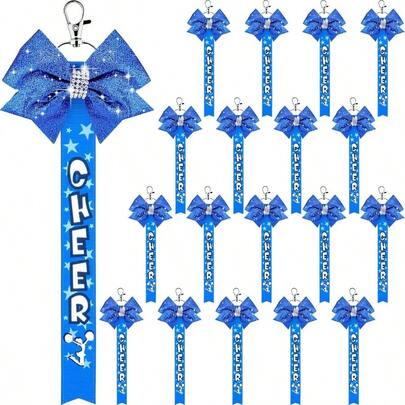18 Pcs Cheer Ribbon Glitter Cheerleader Bow Keychain Cheerleading Pin Holder Gifts Backpack Accessories