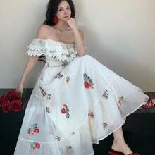 Nicho de diseño francés Vestido floral de gama alta con estampado floral de manga corta y cintura ceñida Vestido largo Vestido de verano Vestido de cóctel con hombros descubiertos - Albaricoque - Ver 7
