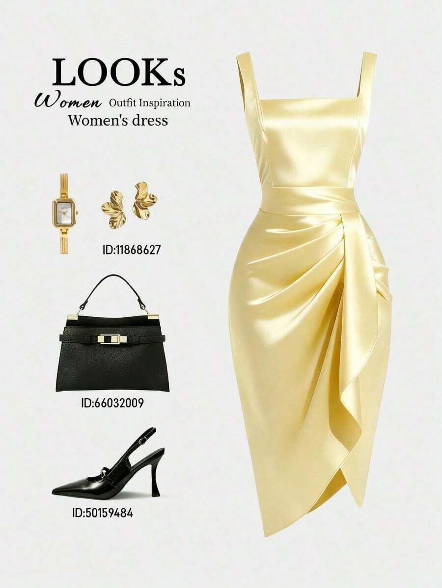 Vestido sin mangas de satén pesado color vino tinto para mujer, cuello cuadrado retro, adelgazante de cintura con pliegues tridimensionales, bajo asimétrico, vestido de lujo para cóctel y citas, vestido corto ajustado con textura drapeada - Amarillo - Ver 1