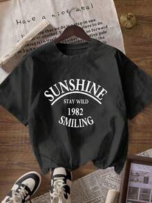 Women's Casual Short Sleeve T-Shirt - "Sunshine" Graphic Print, Loose Fit, Crew Neck, Medium Stretch, All-Season Comfort, Black With White Lettering, Perfect For Casual Outfits, Everyday Wear T-Shirt | Loose Fit Shirt | Medium Stretch Fabric Y2k T-Shirt - 黑色 - 查看 1