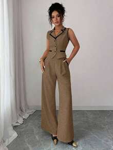 Traje de chaleco y pantalones con ribete de contraste elegante para mujer, todos los atuendos para mujer, de vuelta a la escuela, atuendos de maestra para mujer, vestido de invitada de boda elegante, casual de negocios para mujer, vestido de in - Marrón - Ver 6