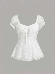 Blusa de gasa con bordado floral elegante, top de verano dulce y encantador para mujeres - Blanco - Ver 8