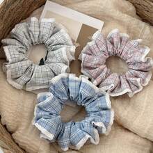1 chiếc dây buộc tóc bằng polyester kẻ sọc, kiểu dáng giản dị, đa năng với viền ren kẻ caro. - Nhiều màu - Xem 1