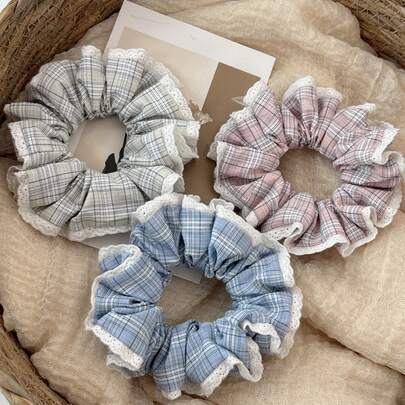 1pc Striped Casual Polyester Scrunchie, Versatile Gingham Lace Trim Hair Tie