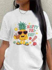 Lightweight And Durable Short-Sleeved T-Shirt With A Cheerful Pineapple Design For A Happy Friday, Perfect For Casual Wear In The Kitchen, Living Room Or Outdoors, Offering Comfort For Everyday Use - 白色 - 查看 1