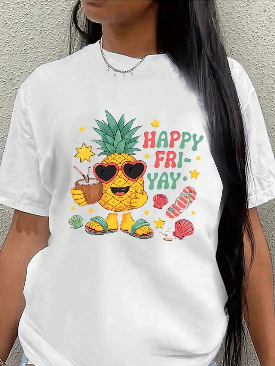 Lightweight And Durable Short-Sleeved T-Shirt With A Cheerful Pineapple Design For A Happy Friday, Perfect For Casual Wear In The Kitchen, Living Room Or Outdoors, Offering Comfort For Everyday Use - 白色 - 查看 1